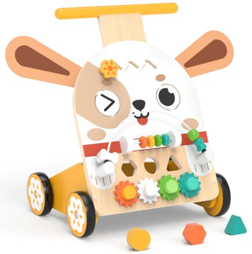 Weilim Baby Lauflernwagen Holz, Montessori Lauflernhilfe ab 12 Monaten | Sensorik-Spielzeug 10 Aktivitäten, Geschwindigkeit & Höhe verstellbar, Xylophon Labyrinth Perlen Spiegel, Jungen & Mädchen