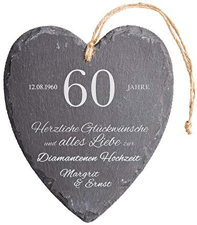 Casa Vivente Schieferherz mit Gravur zur Diamantenen Hochzeit, Personalisiert mit Namen und Datum, 60. Hochzeitstag, Wanddeko mit Juteband