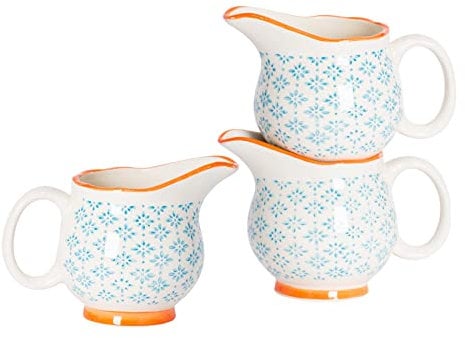 Nicola Spring Hand-Printed Milk Jugs - 300ml - Pack of 6 - Blue Decorative Porcelain Dishwasher Safe Floral Pattern Tableware Cappuccino Coffee Milk Pitcher Jugs with Handle