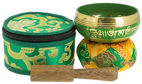 Tierra Zen Cuenco Tibetano de Viaje Verde, diámetro 7,5 cm, incluye mazo y cojín