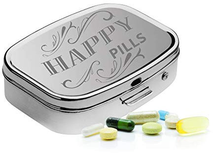 GRAVURZEILE Pill box tablet divider with two separate compartments - pill box pill box for on the go - secure closure - Happy Pills inscription