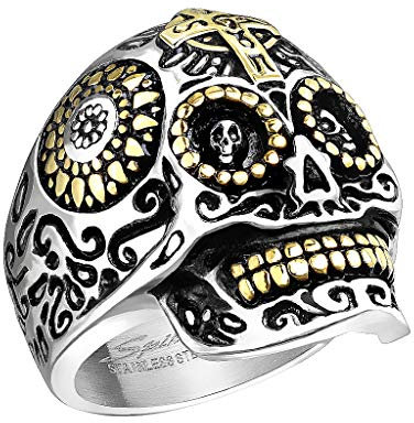 Mianova Herren Ring Edelstahl Massiv Breit Herrenring Männer Biker Rocker Totenkopf Dia De Los Muertos Totenschädel Silber Größe 70 (22.3)