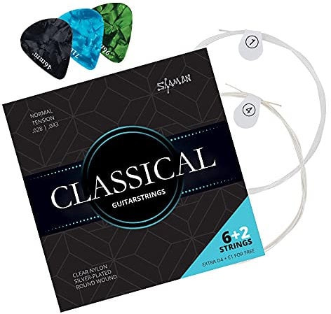 Shaman Gitarrensaiten für Konzertgitarre - Premium Nylon Saiten für klassische Gitarre und Akustikgitarre - 6+2 Saiten-Set inklusive 3 Plektren, D-Saite und extra hohe E-Saite