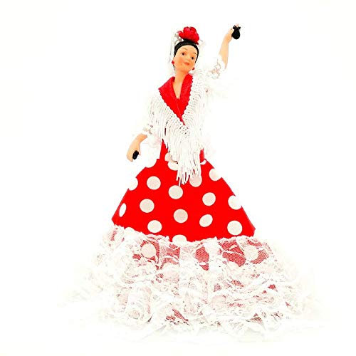 Folk Artesanía Gala Porzellanpuppe 28 cm. Andalusisches Flamenco-Regionalkleid mit Blume España. (Rotes Kleid mit weißen Tupfen)