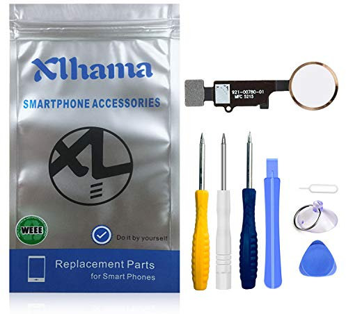 Xlhama Home-Button für iPhone 7/8/7Plus/8Plus (Gold) mit Anschluss Flachbandkabel Flex Rahmen aus Metall schützt Knöpfe und Gummidichtung vorinstalliert inklusive Reparaturset