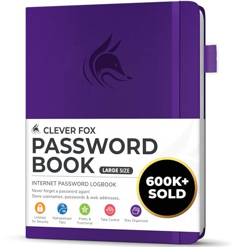 Clever Fox Password Book with Alphabetical Tabs, 18x25 Keeper Purple | Hardcover 18 x 25cm, large password keeper & internet address book for seniors, office supplies, website login organizer