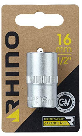 RHINO - Jeux de douilles - Douille hexagonale, courte métrique - 6 pans - Diam. 16 mm - Carré d'entrainement 1/2'' - Haute qualité (Chrome Vanadium) - Garantie à vie - Plusieurs tailles disponibles