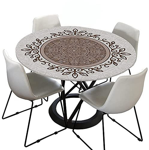 Morbuy Rund Tischdecke Elastisch, Böhmen Drucken Rund Tischdecken Wasserdicht Lotuseffekt Abwaschbar Abwischbar Tischtuch für Dekoration Küchentisch Garten Outdoor (Durchmesser 100cm,Beige)