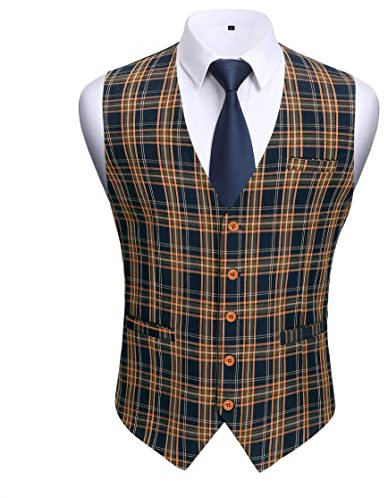 HISDERN Gilet Costume Homme à Carreaux Classique Gilets Sans Manche Coton Gilet Mariage Formel Casual Veston Hommes Orange & Bleu 2XL