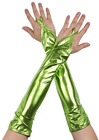 iEFiEL Damen Metallic Fingerlose Handschuhe Silberne Handschuhe Glänzend Armstulpen Fasching Kostüm Zubehör Gothic Punk Tanz Party Clubwear A Leuchtendes Grün One Size