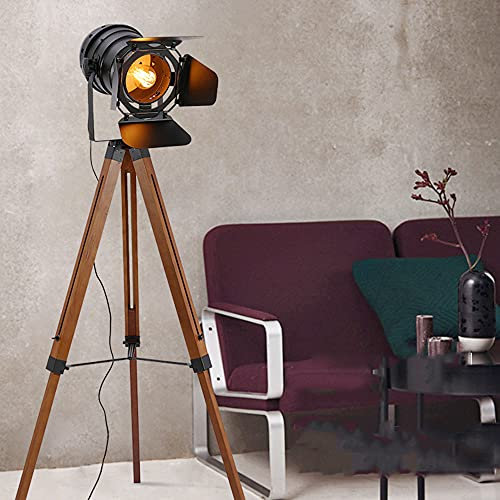 Lampadaire Projecteur Cinema, Lampadaires Industriels pour Chambres à Coucher Vintage Steampunk RéGlable 59 CaméRa en MéTal Noir en Bois Hautes Lampes Sur Pied pour Coin D'éTude, Bureau,Brown