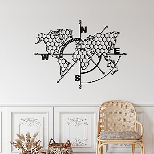 Metall-Wanddekoration, Weltkarte, Kompass, Wabe, Wohnzimmer-Dekoration, Wandschild, Metall-Wandkunst, Innendekoration, Innen- und Außenbereich, Aufhängung (100 x 77 cm)