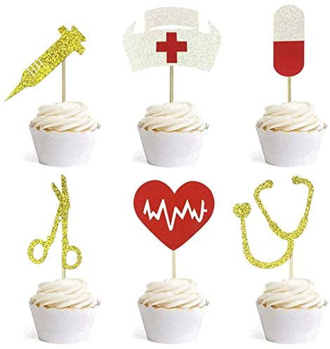 Bymivofun 24 Glitter Nurse Graduation Cupcake Toppers, Cake Decorations for Nurse Theme Party