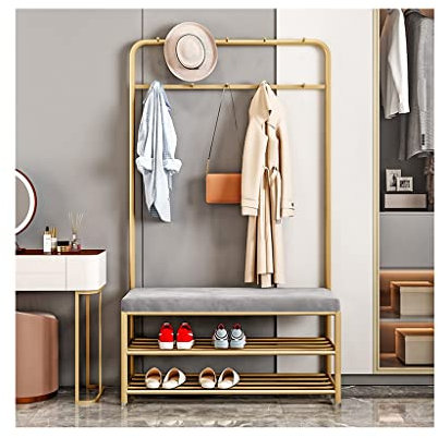 LHHL Garderobenständer Garderobe Schuhregal Mit Sitzfläche Eisenkunst Kleiderständer Mit Haken Sitzbank 2 Gitterablagen Viel Stauraum Flur Schlafzimmer (Color : Gold, Size : 100x32x175cm)