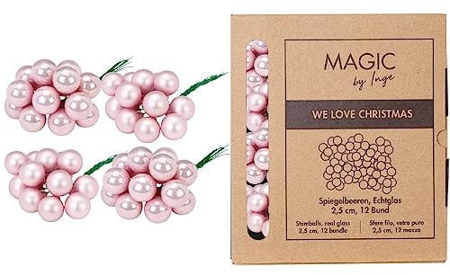 Weihnachtskugeln am Draht Glas 2,5cm x 144 Stück Spiegelbeeren in Kartonbox Hellrosa Lovely Magnolia
