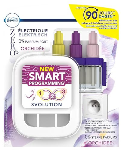 Febreze 3Volution Zero% Orquídea Kit de Inicio Ambientador Eléctrico Programación Inteligente 20ml, 3 fragancias alternativas para eliminar los olores