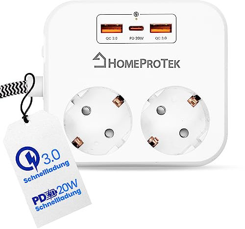 HOMEPROTEK 2M Steckdosenleiste mit 2 Steckdosen 2 USB-A und 1 Typ C USB – 5 in 1 Steckdosenleiste – Steckdosenleiste Überspannungsschutz mit Schalter für Haus, Büro, Reise - Weiß