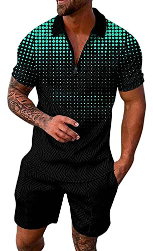 Männliche Sommer Casual Print Reißverschluss Umlegekragen Bluse Kurzarm Tops Shirt Shorts Outfits Karierter Anzug