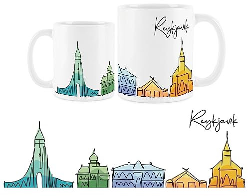 Purely Home Reykjavik Tasse – Bunte Island-Skyline, Souvenir, Andenken, weißer Tee, Kaffee, Geschenk, Tasse