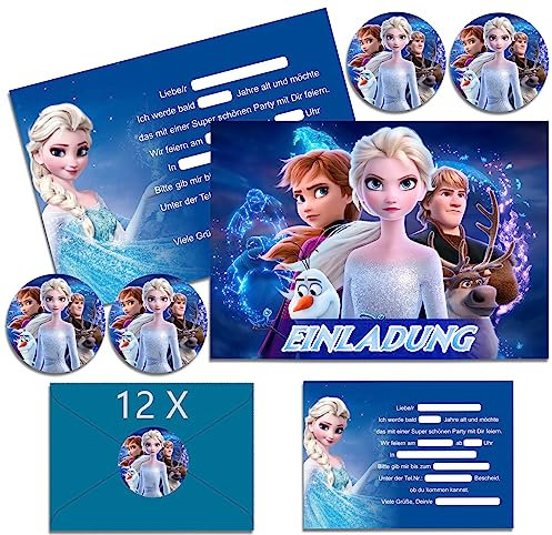 IRONIUM 12x Esköni-gin Einladungskarten Kindergeburtstag Mädchen mit Umschlag Deutsch, Fro-ze Kindergeburtstags Party Einladungen, Cartoon Geburtstag Einladungskarten Set für Themed Party (A6)