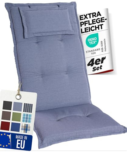 gardisun Gartenstuhlauflagen Hochlehner mit Kopfteil, 4er Set, Hellgrau | Extra Dicke Sitzauflagen, Made in Europe, Polsterauflagen für Hochlehner, Auflagen mit extra hohem Komfort
