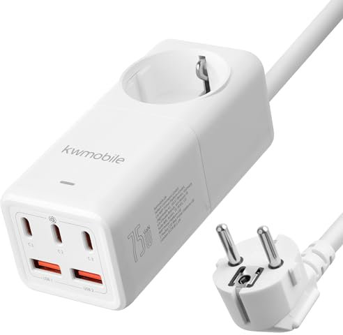 kwmobile Desktop Power Strip mit 75W GaN-Ladegerät - EU-Stecker - Steckdose mit USB A & C Ports - USB C Ladegerät mit Schnellladefunktion - USB Ladegerät - 1, 5 m Kabel - Weiß