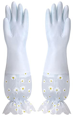 LATAFA Rubber Gloves, 3.54-3.93inch Housework Cleaning Gloves Latex Waterproof Non-Slip Long Sleeve Kitchen Gloves Kitchen Dishwashing Gloves Rubber Gloves for Washing Up, For Kitchen and Washroom