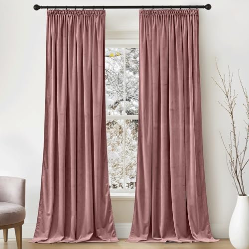 PONY DANCE Samtvorhang Kräuselband Vorhänge Samt Wohnzimmer 2er Set Samt Gardinen Altrosa (Gewicht: 300g/m²) Thermovorhang Kälteschutz Schiene Velvet Blackout Curtains, H 240 x B 132 cm