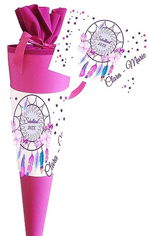 Schultüte für Mädchen personalisiert mit Namen - Motiv Traumfänger – Personalisiere Deine Zuckertüte als Geschenk zur Einschulung - Fertig 70 cm groß pink - NEU