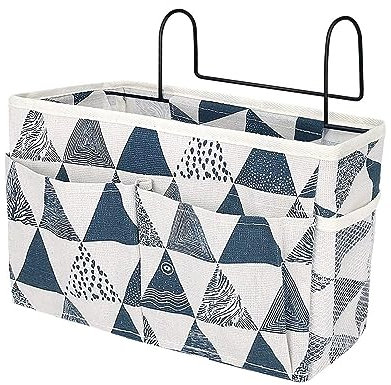HNJKJEU Bett Organizer Bett Tasche mit Darhthaken Hängetasche Hochbett Aufbewahrungstasche für Buch, Magazin, Handy, Kopfhörer Bett Aufbewahrung (Blaues Dreieck)