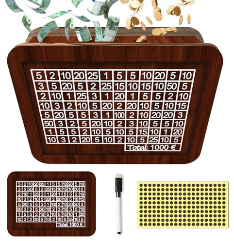 DADAPANGHU SparBox, Spardose mit Zähler (1000€), Spardose Aus Holz, Wiederverwendbare Spardose mit Sparziel und Zahlen zum Ankreuzen, hilft Kindern die Gewohnheit zum sparen zu entwickeln