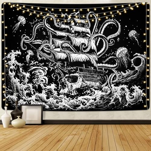Alishomtll Ozeanwelle Wandteppich Ästhetische Skelett Segelboot Octopus Wandbehang Mysterious Quallen Wandteppiche Wandtuch Wandkunst für Schlafzimmer Wohnzimmer Schwarz Weiß 210x150cm