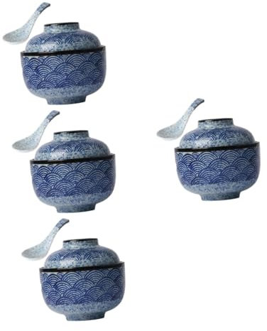 HOMSFOU 4juegos Tazón Japonés Tapa y Cuchara Para Sopa Ramen y Aperitivos Resistente y Apto Para Uso Diario