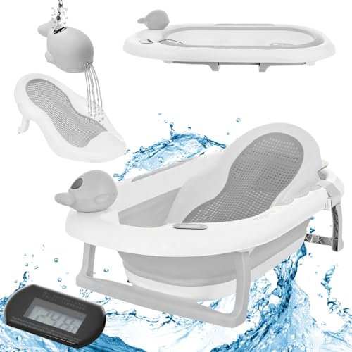 Primabobo Faltbar Babybadewanne, Große Babywanne faltbar, Kinderbadewanne mit Badesitz, für Babys von 0-36 Monaten (Ola Grau (Badesitz, Thermometer), Faltbare Babybadewanne)