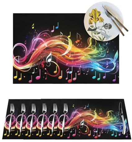 Platzdeckchen-Set, Motiv: Regenbogen-Musiknoten, Melodie, waschbar, rutschfest, hitzebeständig, rechteckig, PVC, gewebtes Tischset für Esstischdekoration