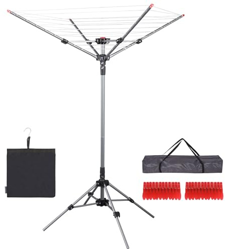 STO STO Portable Umbrella Clothesline, 82 Feet Rotary Drying Rack with Adjustable Height, Freestanding Laundry Line for Backyard, Patio, Balcony & Camping, Easy Setup with Carry Bag, No Tools Required