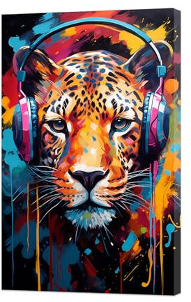 ZXHYWYM Tier Graffiti Wanddekoration Leopard mit Kopfhörer Leinwandbild bunter Tier Kunstdruck lustige Musik Kunstwerke für das Kinderzimmer mit Rahmen (C (40.00 x 60.00 cms))