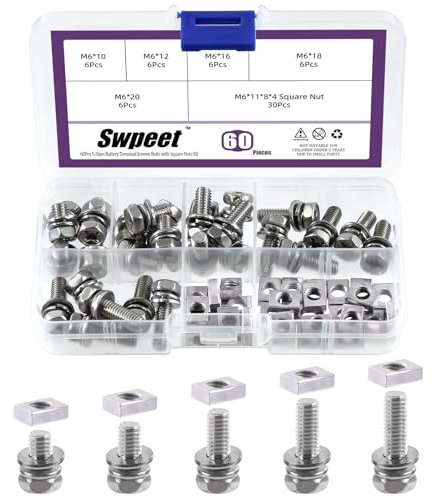 Swpeet 60pcs set 304 en acier inoxydable M6 x 10/12 / 16/18 / 20mm crosshead Motorcycle batterie terminal boulons et écrous avec kit de combinaison d'écrous carrés, ATV batterie boulons moto
