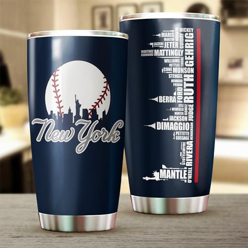 TEERABBIT Legends New York Baseball City Skyline Tumbler – Kaffeetasse isolierter Becher mit Deckel – Muttertag, Vatertag, Geburtstag, Weihnachtsgeschenke für Fans, 590 ml, Edelstahl