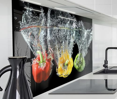 timalo Spritzschutz Wand für Herd, Küche Küchenrückwand Glasoptik | Acryl Glas 2mm | Glasrückwand Acrylglas Wandpaneele Rückwandschutz Platte | 140x50cm Bunte Paprika im Wasser
