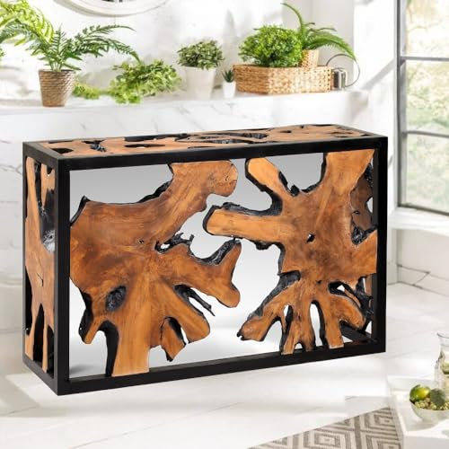LEBENSwohnART Design Teak Konsole Duncan 120cm Natural schwarzes Metall Konsolentisch Massiv Wurzelholz