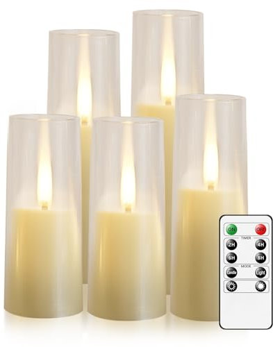 JINYANIA Flammenlose LED Kerzen, Upgraded Realistische Flimmernde Flamme Stumpenkerzen, Batteriebetriebene Kerzen mit Remote Timer, Acryl elektrische Kerzen Set von 5（Elfenbein）