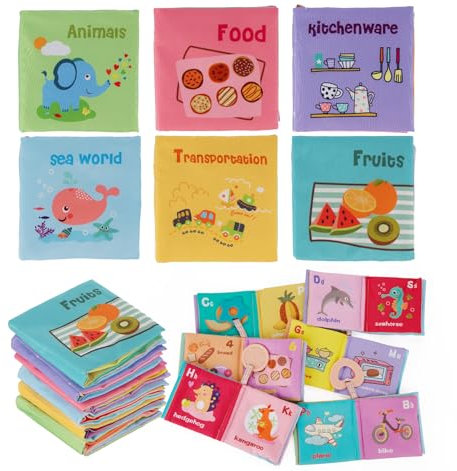 ilauke Stoffbuch Baby Sensorik Spielzeug ab 3 Monate - Interaktives Fühlbuch mit Knisterelementen, 6 Texturen & Spiegel | Lernspielzeug Quiet Book, 6 Farben Busy Board | Geschenk für Neugeborene