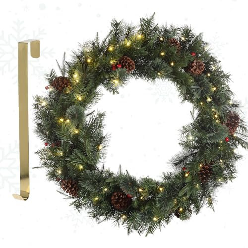 Meisterhome ® Künstlicher Weihnachtskranz Adventskranz für Tür Ø 90 cm - Weihnachtlicher Türkranz für Innen und Außen mit 70 LEDs und Timer