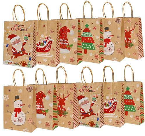 NADSSJL 12 Stück Geschenktüten Weihnachten, Papiertüten Weihnachten mit Henkel, Weihnachtstaschen aus Kraftpapier, Geschenktüten für Partyzubehör -150×80×210mm