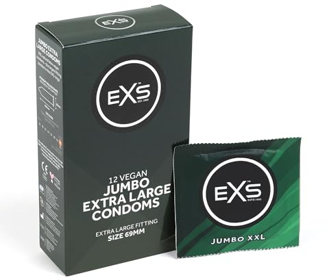 EXS Jumbo 69 mm große Kondome (12er-Pack), Premium-Latex-Kondom für Männer mit nicht-permizidalem Gleitmittel, geradwandig mit Sauger, PETA-zugelassen, vegan, 3 Jahre Lebensdauer, CE-gekennzeichnet
