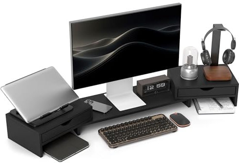 HOMCOM Support de moniteur double avec 2 tiroirs, longueur et angle réglables, 116 cm pour ordinateur portable, ordinateur, PC, petite imprimante, noir