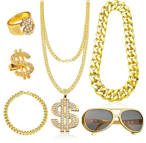 6 Stk Zuhälter Kostüm Gold Digger Kostüm Dollar Kette Rapper Kostüm Goldfarbenekette Kostüm 80er 90er Hip-Hop Mottopartys Karneval Retro Looks Halloween Weihnachten Maskerade Geburtstagsverkleidungen