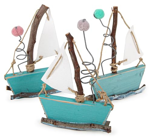 Logbuch-Verlag 3 kleine Segelschiffe Segelboot Figuren aus Holz türkis hellblau Dekoration maritim mediterran 12 x 10 cm