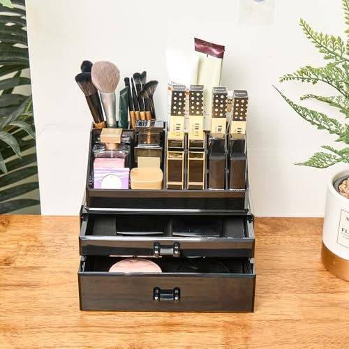 Generico Contenitore Cosmetici, Porta Trucchi Con 2 Cassetti, Make Up Organizer, Rossetti, Acrilico, Trasparente (Nero)